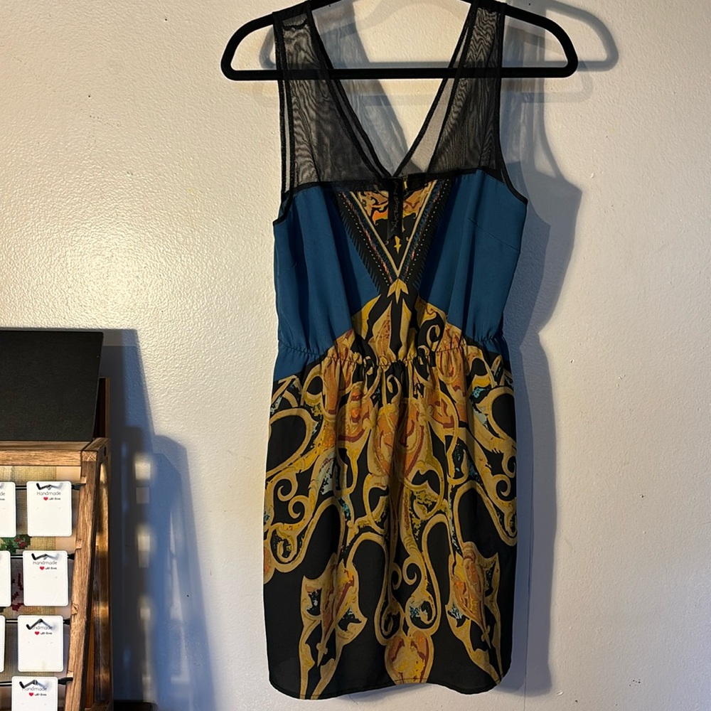 Petticoat Alley Silky gold black and blue dress with mesh see thru v neck. M